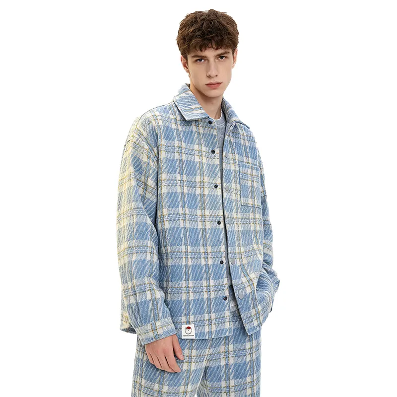 Veste à revers droite style coréen vintage bleu et blanc, respirante et chauffante, 100 % polyester